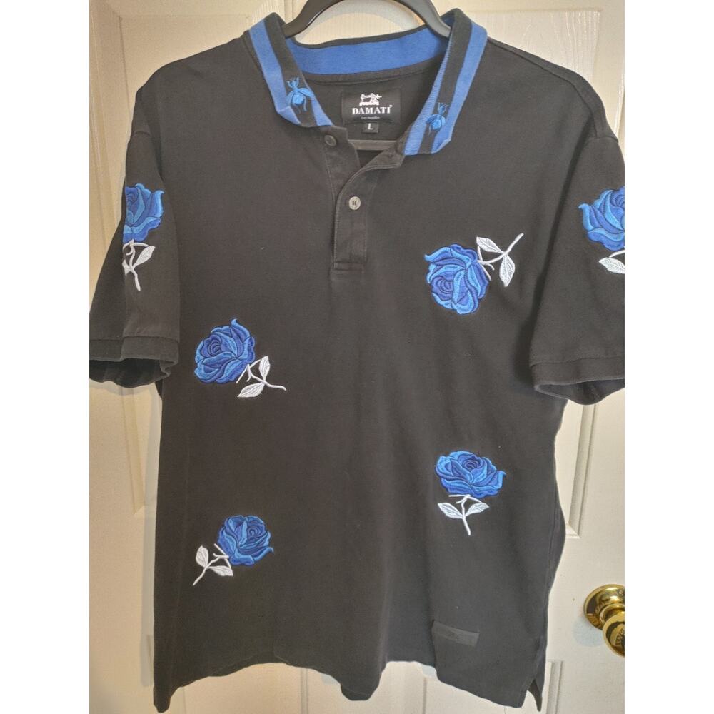 Damati Men's Polo Shirt Embroidered Blue Roses Large